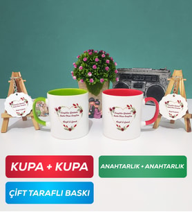İkili Yeşil Kırmızı Sevgiliye Sevgililer Günü Hediyesi 13 Kupa Bardak Anahtarlık