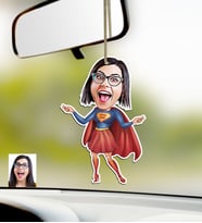 BK Gift Kişiye Özel Süper Anne Karikatürlü Ahşap Araba Dikiz Ayna Süsü-2 (Çok Renkli)