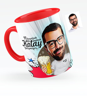 BK Gift Kişiye Özel Şerefe Karikatürlü Kırmızı Kupa Bardak  1