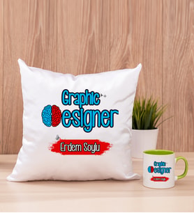 Grafiker Kare Yastık ve Yeşil Kupa Bardak