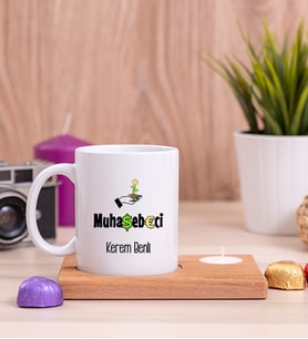Muhasebeci Ahşap Altlıklı Mumlu Beyaz Kupa Bardak