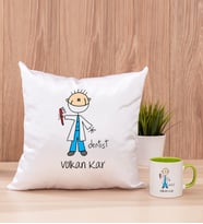 Erkek Diş Hekimi Karikatürü Kare Yastık ve Yeşil Kupa Bardak