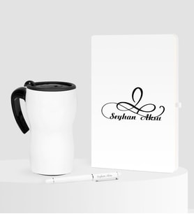 BK Gift Kişiye Özel İsimli Beyaz Defter Kalem Termos Mug Seti - 4