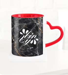 BK Gift Kişiye Özel Mermer Desenli Kırmızı Kalpli Kupa Bardak  1