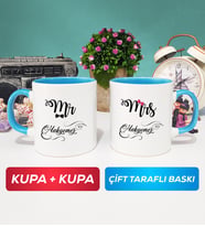 İkili Çiftlere Özel Mr Mrs Sevgiliye Hediye Kupa Bardak Mavi