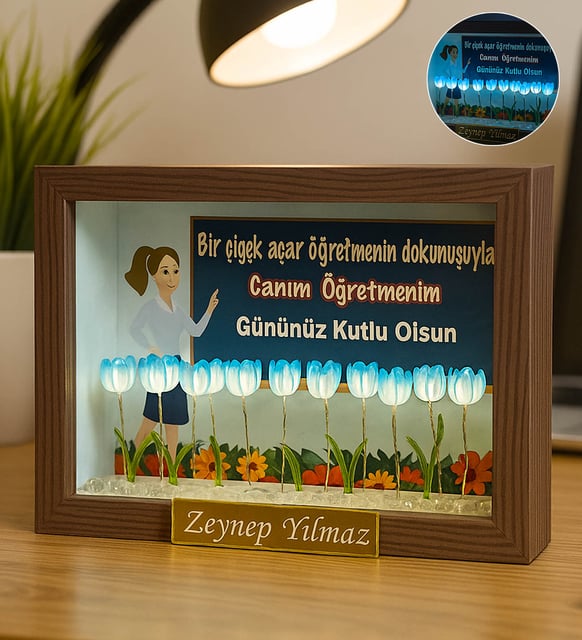 Kişiye Özel İsimli 3D Işıklı Bahçe Dekoratif Fotoğraf Çerçevesi Masa Lambası Öğretmenler Günü Hediyesi