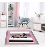 Fil Desenli Etnik Dijital Baskı Yıkanabilir Modern Salon Filli Halı ve Yolluk (Pembe) (Siyah-Pembe)