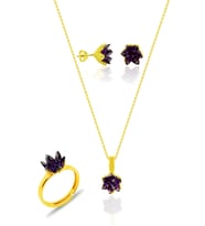 Sarı Yaldızlı Gümüş Lotus Çiçeği Küpe Yüzük ve Kolyesi Ametist Taşlı  SET-419
