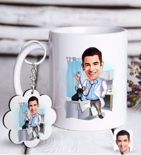 BK Gift Kişiye Özel Erkek Veteriner Hekim Karikatürlü Beyaz Kupa ve Anahtarlık Hediye Seti (Model 1)