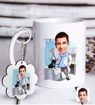 BK Gift Kişiye Özel Erkek Veteriner Hekim Karikatürlü Beyaz Kupa ve Anahtarlık Hediye Seti (Model 1)