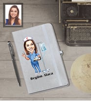 Kişiye Özel Hemşire Karikatürlü Gri Defter Kalem Hediye Seti  Bayan-4