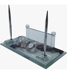 LOGOLU - DEKORATİF MERMER DESENLİ KRİSTAL CAM GÜMÜŞ SET MASA İSİMLİK ÖZEL HEDİYELİK OFİS MASA İSİMLİĞİ