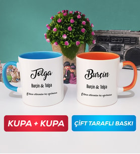 İkili Sevgiliye Hediye İsme Özel Sevgililer Günü Hediyesi Kupa Bardak Mavi Turuncu