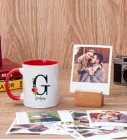 Baş Harfli ve İsimli Kırmızı Kupa Bardak ve Ahşap Standlı Polaroid Set
