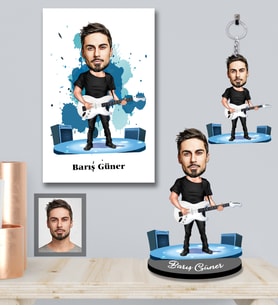 Kişiye Özel Gitarist Karikatürlü 3 lü Hediye Seti Bay-3