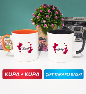 İkili İsme Özel Sevgililer Günü Hediyesi Kupa Bardak Turuncu Siyah