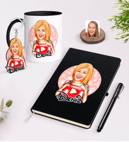 BK Gift Kişiye Özel Kadın Youtuber Karikatürlü Siyah Defter Kalem Kupa ve Anahtarlık Hediye Seti-1 (Model 1)