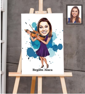 Kişiye Özel Kemancı Karikatürlü Ahşap Tablo 30x47  Bayan-1