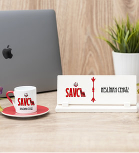 Savcı Kırmızı Türk Kahvesi Fincanı Ve Masa İsimliği Hediye Seti