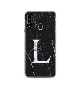 Samsung A20s Siyah Mermer Harf Tasarımlı Telefon Kılıfı L-Harfi 