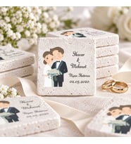 30 Adet Kişiye Özel Baskılı Doğal Taş Magnet 5x5cm Söz, Nikah, Nişan Hatırası (Beyaz)