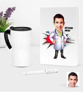 BK Gift Kişiye Özel Bay Doktor Karikatürlü Beyaz Defter Kalem ve Termos Mug Seti - 2 (Model 1)