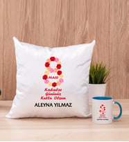 Kadınlar Günü Hediyesi  Kare Yastık ve Mavi Kupa Bardak