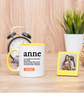 Anne Kelime Anlamı Sarı Kupa Bardak ve Sarı Mini Fotoğraf Çerçevesi