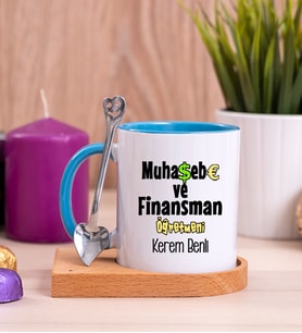 Muhasebe ve Finansman Öğretmeni Ahşap Altlıklı Mavi Kupa Bardak