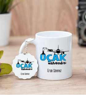 Uçak Mühendisi Beyaz Kupa Bardak Ve Anahtarlık Set