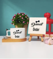 Damat Tasarımlı Kişiye Özel Damat Ahşap Altlıklı Fincan ve Dekoratif Taş Baskı Hediye Seti