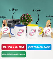İkili Lacivert Sarı Kişiye Özel İsim Yazılı Çiçek Tasarımlı Kupa Bardak Anahtarlık Hediye Seti