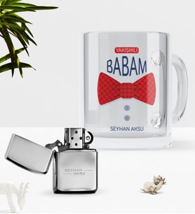 BK Gift Kişiye Özel Yakışıklı Babam Cam Kupa Bardak Benzinli Çakmak Seti-6 (Model 1)