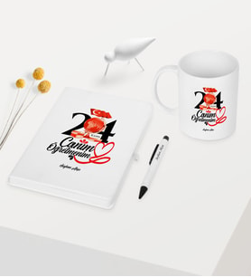 BK Gift Kişiye Özel Canım Öğretmenim Temalı Beyaz Defter Kalem Kupa Seti - 3