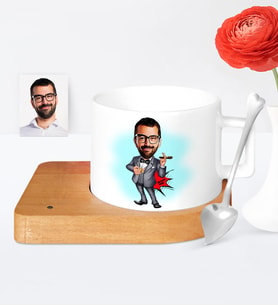 BK Gift Kişiye Özel Bay Patron Karikatür Ahşap Altlıklı Seramik Fincan  3
