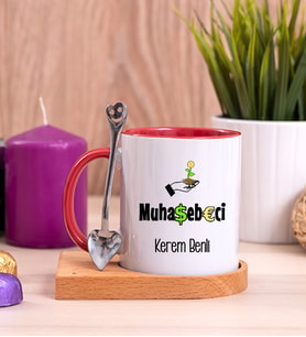 Muhasebeci Ahşap Altlıklı Kırmızı Kupa Bardak