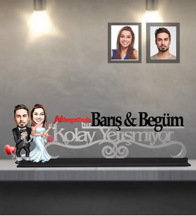 Kişiye Özel Gelin Damat  Karikatürlü Kolay Yetişmiyor Ahşap Biblo  Mod-7