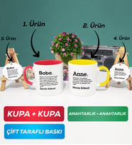İkili Kırmızı Sarı Kişiye Özel Baba ve Anne Kupa Bardak Anahtarlık Hediye Seti