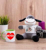 Sevgiliye Hediye İsim Yazılı Kalpli Yeşil Kupa Bardak ve Peluş Eşek