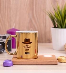 Awesome Dad Babaya Hediye Ahşap Altlıklı Mumlu Gold Kupa Bardak