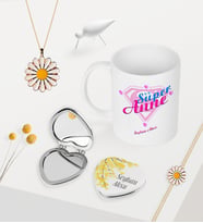 BK Gift Kişiye Özel Süper Anne Kupa Kalp Ayna Papatya Kolye Bileklik Seti - 2 (Model 1)