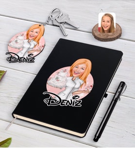 BK Gift Kişiye Özel Kadın Aşçı Karikatürlü Siyah Defter Kalem Ve Anahtarlık Hediye Seti-3 (Model 1)