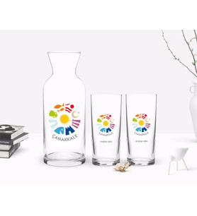 BK Gift Kişiye Özel Renkli Baskılı Çanakkale Tasarımlı Turistik İkili Rakı Bardağı ve Karaf Hediye Seti-1 (Model 1)