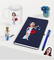 BK Gift Kişiye Özel Bayan Avukat Karikatürlü Lacivert Defter Kalem Kupa Seti - 1 (Model 1)