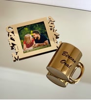 Kişiye Özel Fotoğraflı Canım Aşkım Standlı Mdf Gold Çerçeve Ve Gold Kupa Set