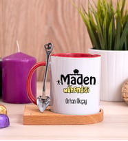 Maden Mühendisi Ahşap Altlıklı Kırmızı Kupa Bardak