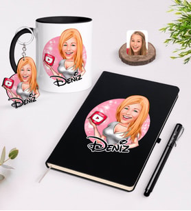 BK Gift Kişiye Özel Kadın Youtuber Karikatürlü Siyah Defter Kalem Kupa ve Anahtarlık Hediye Seti-2 (Model 1)