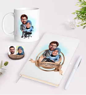 BK Gift Kişiye Özel Yılın En Mükemmel Çifti Karikatürlü Beyaz Defter Kalem ve Kupa Seti-59 (Model 1)