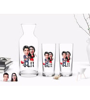 BK Gift Kişiye Özel Renkli Baskılı Sevgililer Karikatürlü İkili Rakı Bardağı ve Karaf Hediye Seti-1 (Model 1)