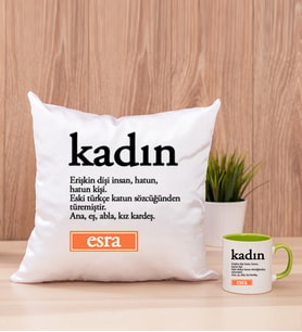 Kadın Kelime Anlamı Kare Yastık ve Yeşil Kupa Bardak